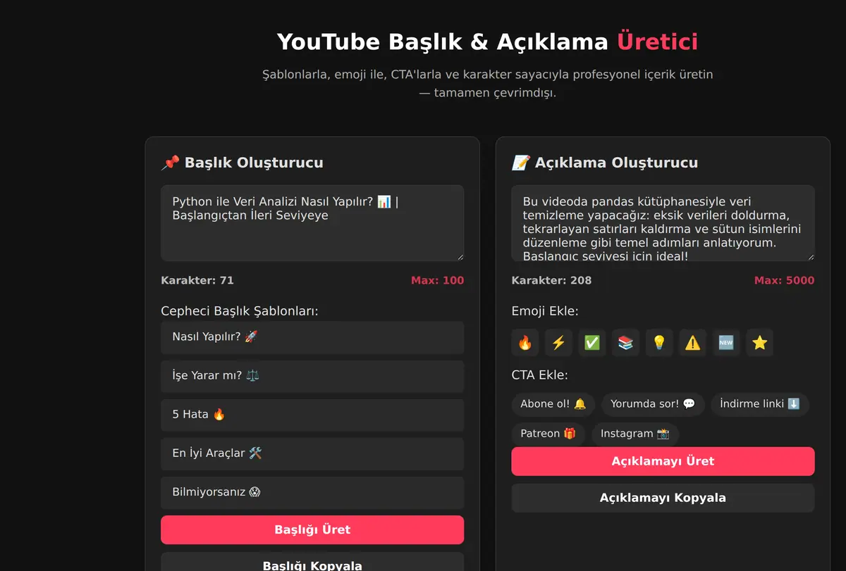 YouTube Başlık & Açıklama Üretici ekran görüntüsü