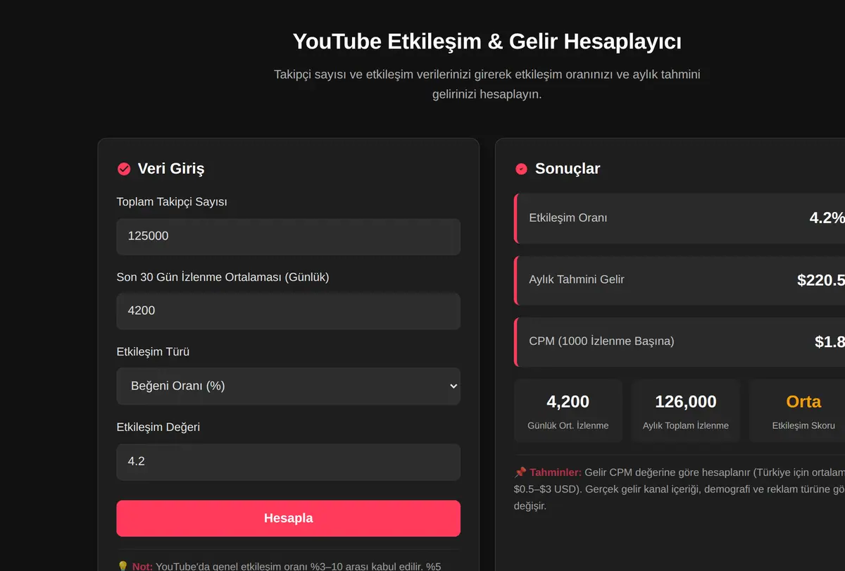 YouTube Etkileşim & Gelir Hesaplayıcı ekran görüntüsü