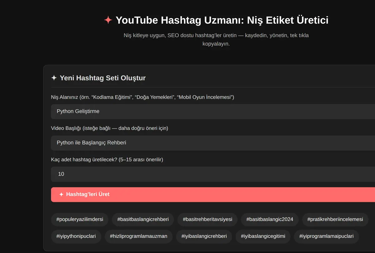 YouTube Hashtag Uzmanı: Niş Etiket Üretici ekran görüntüsü