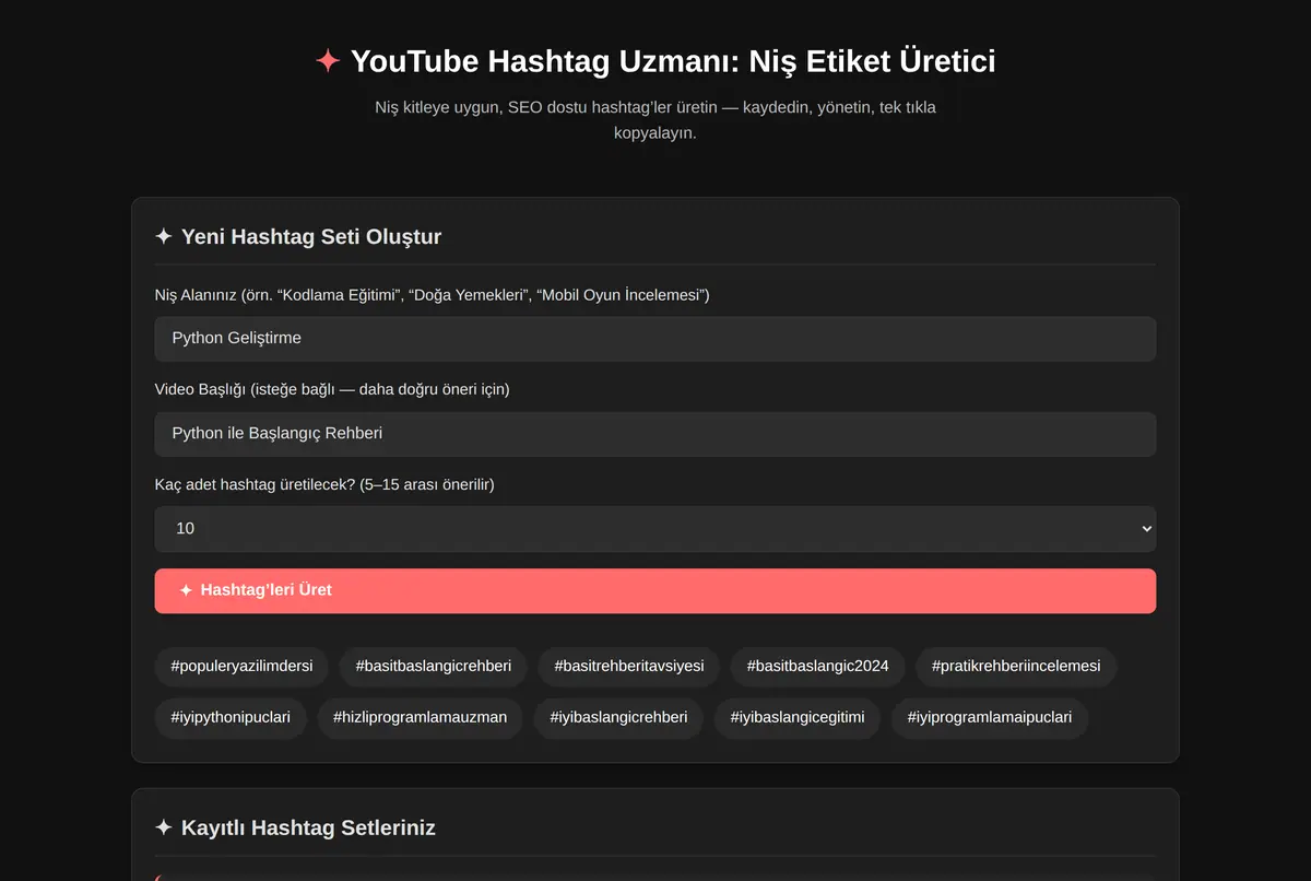 YouTube Hashtag Uzmanı: Niş Etiket Üretici ekran görüntüsü 2