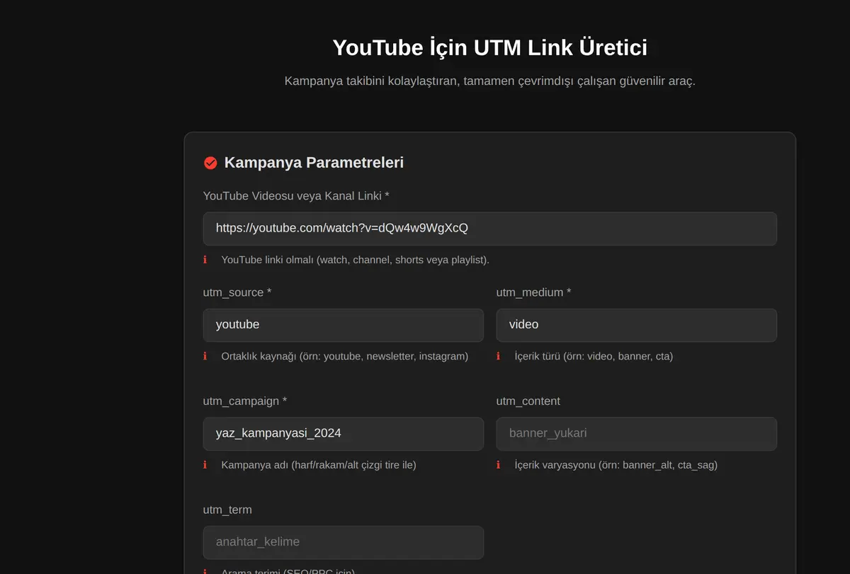 YouTube İçin UTM Link Üretici ekran görüntüsü