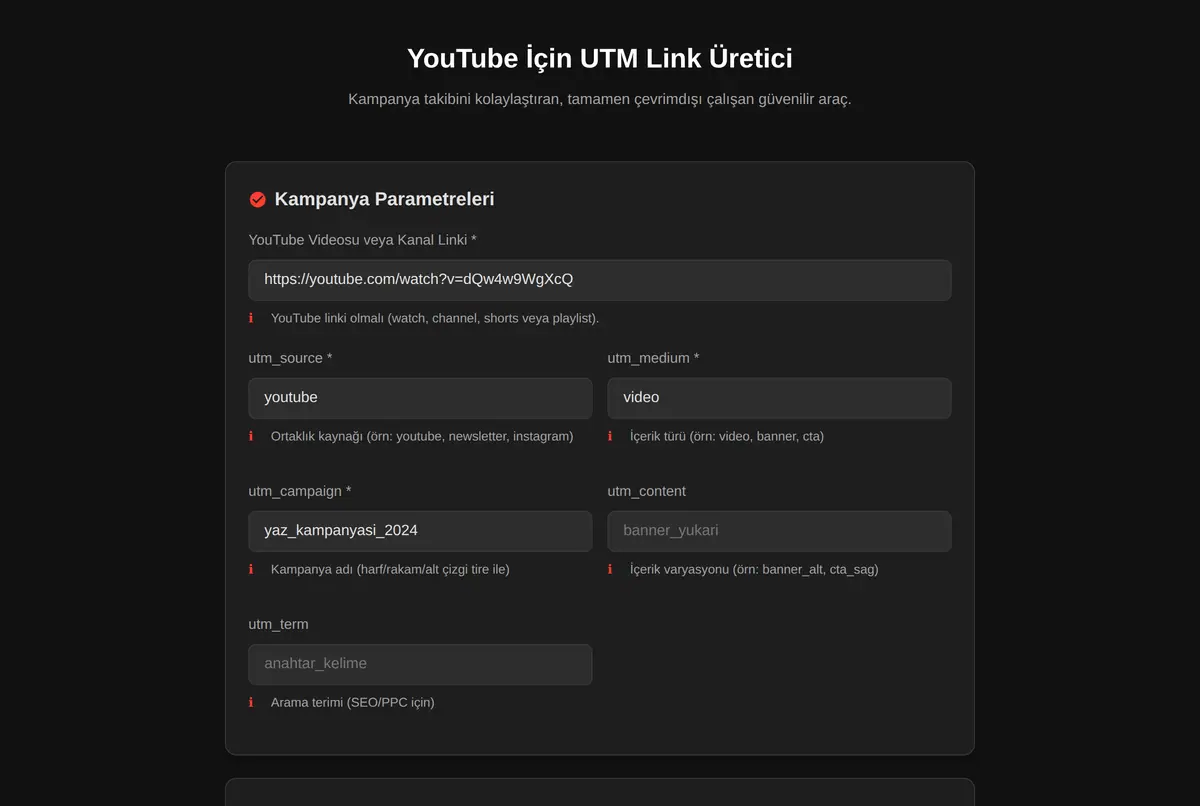 YouTube İçin UTM Link Üretici ekran görüntüsü 2