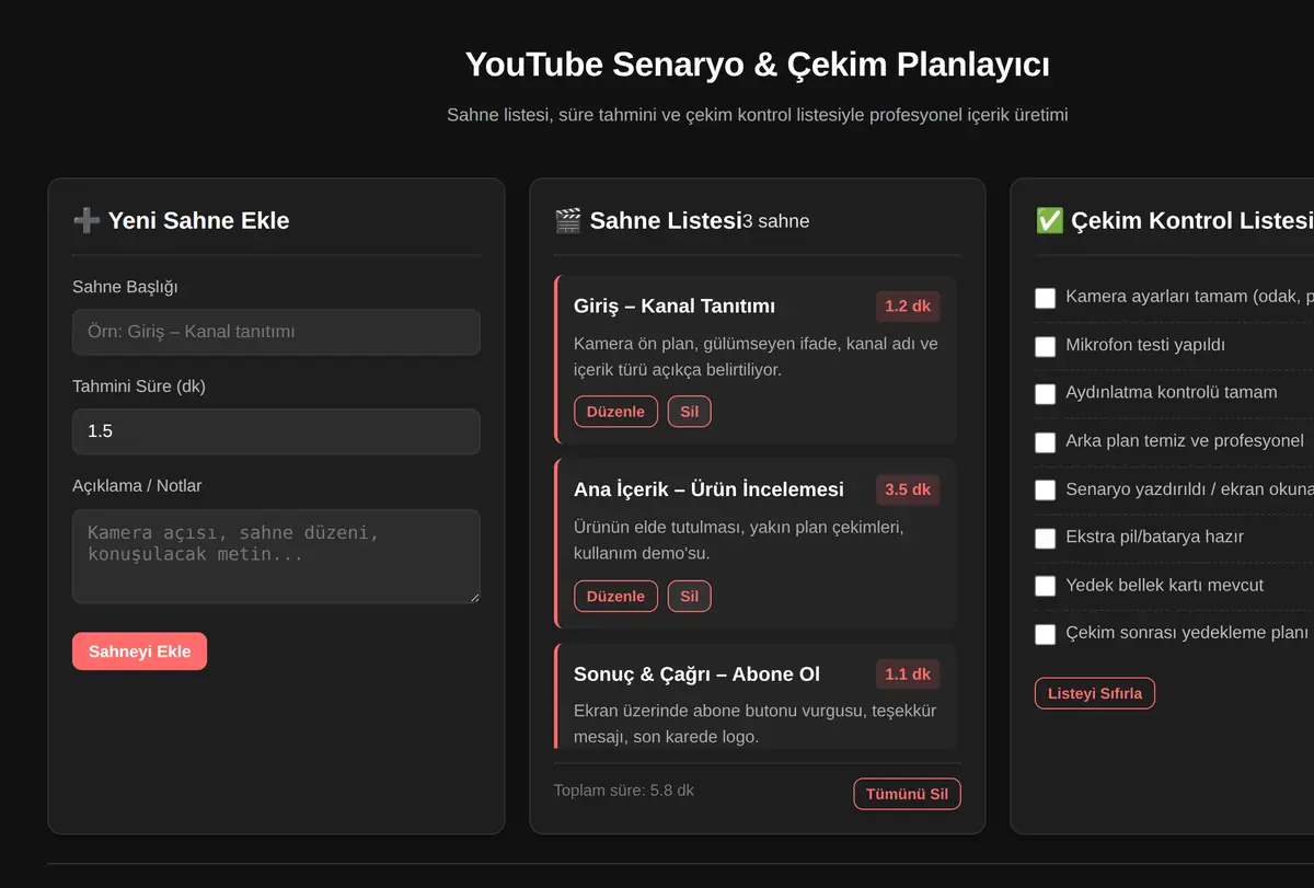 YouTube Senaryo & Çekim Planlayıcı ekran görüntüsü