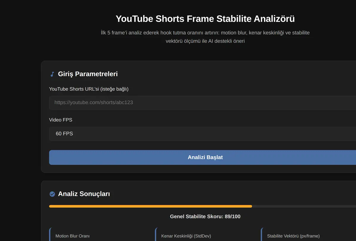 YouTube Shorts Frame Stabilite Analizörü ekran görüntüsü