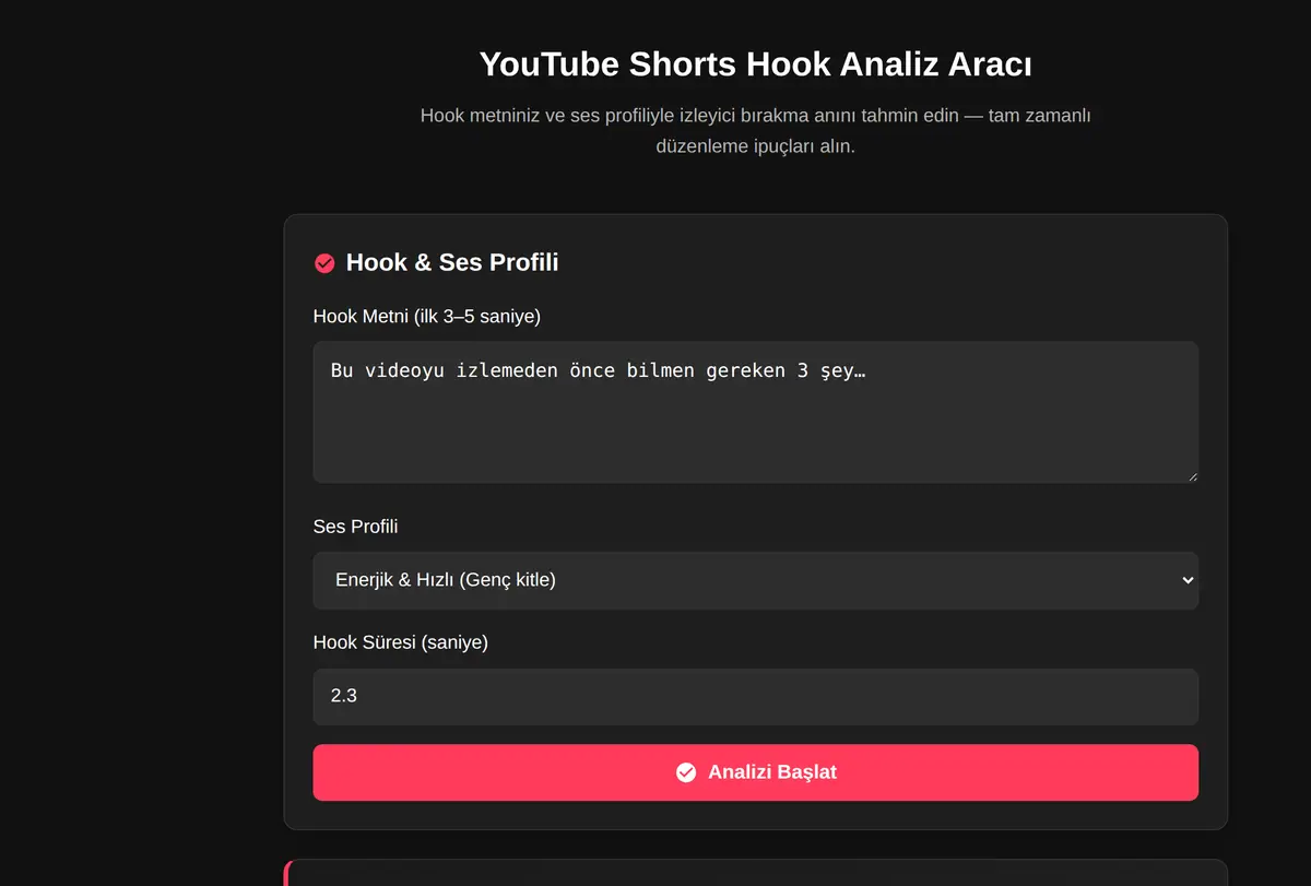 YouTube Shorts Hook Analiz Aracı ekran görüntüsü