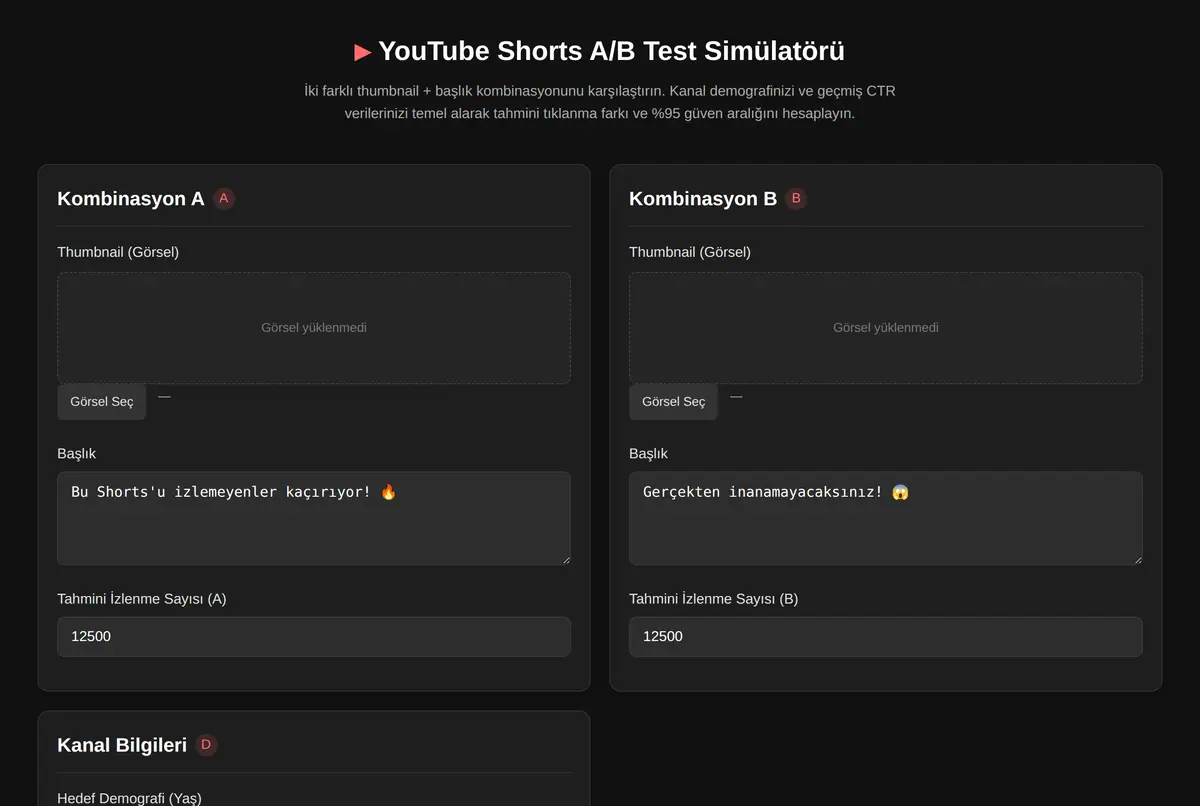 YouTube Shorts A/B Test Simülatörü ekran görüntüsü 2