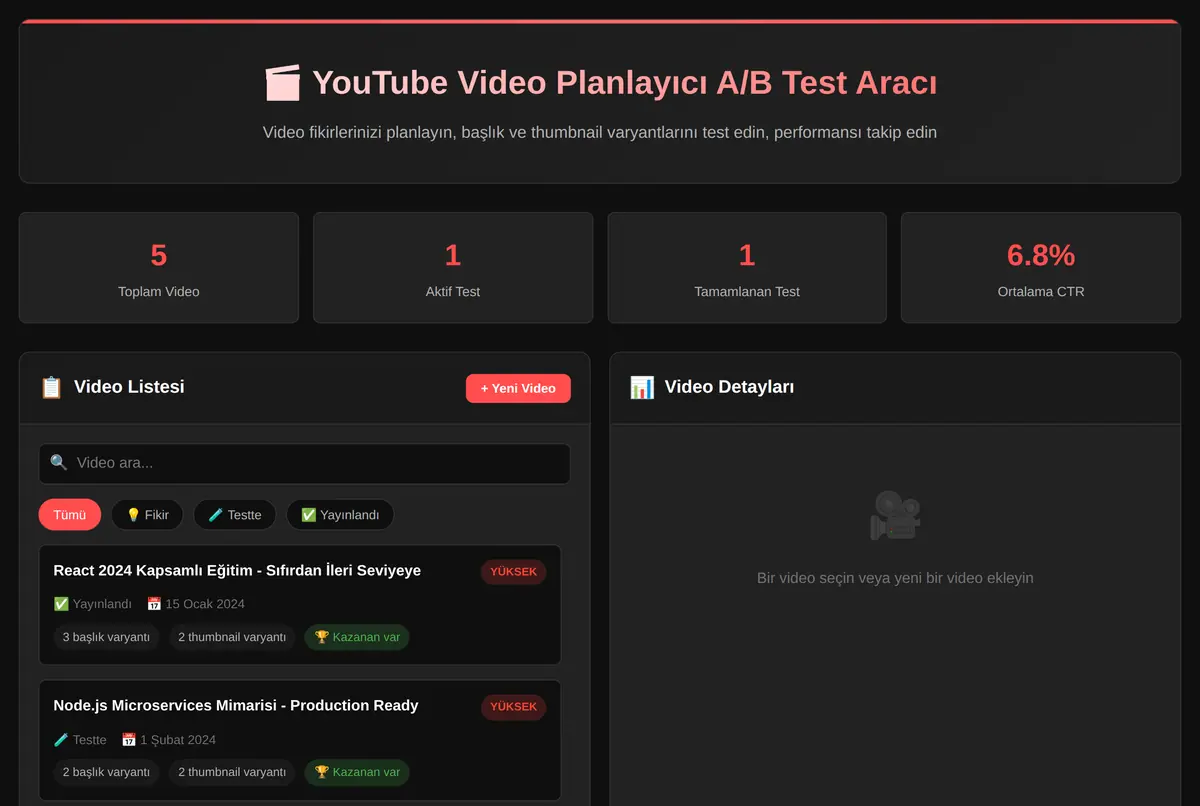 YouTube Video Planlayıcı A/B Test Aracı ekran görüntüsü 2