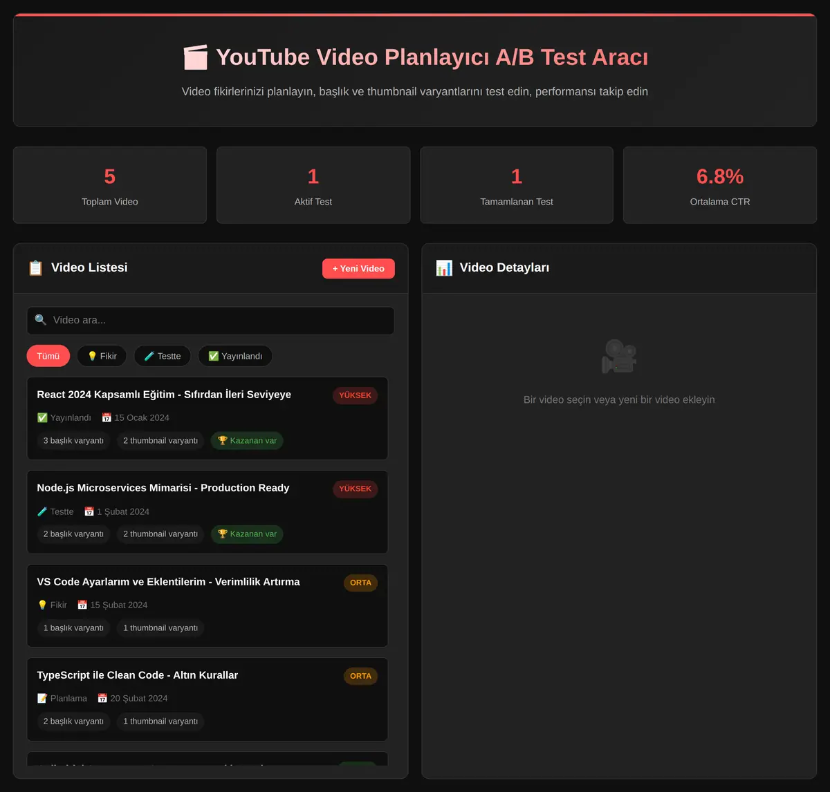 YouTube Video Planlayıcı A/B Test Aracı ekran görüntüsü 3
