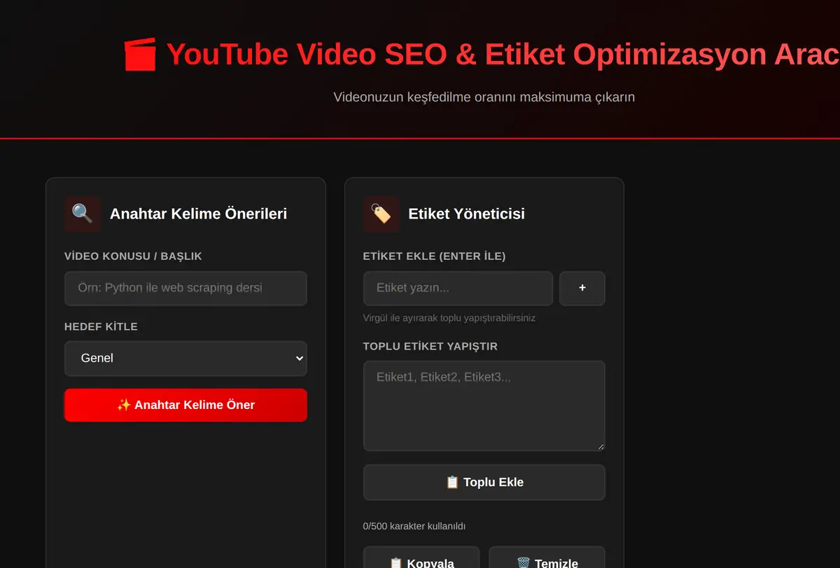 YouTube Video SEO & Etiket Optimizasyon Aracı ekran görüntüsü