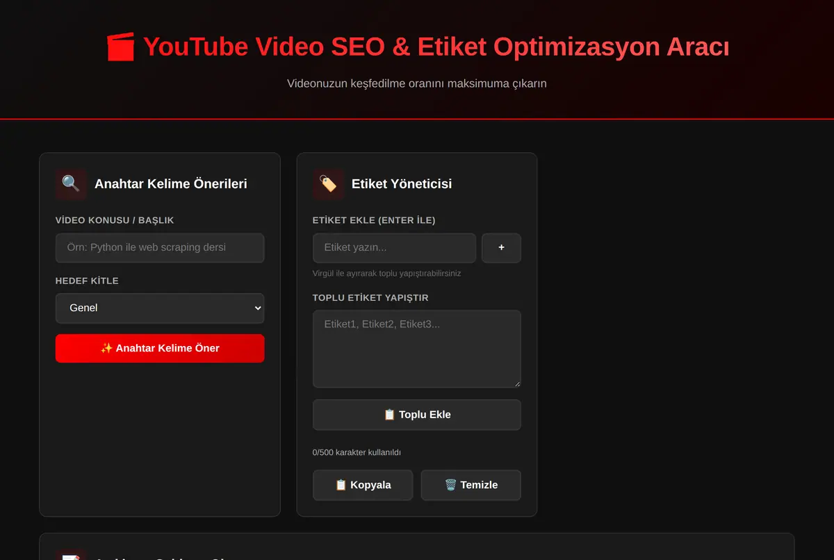 YouTube Video SEO & Etiket Optimizasyon Aracı ekran görüntüsü 2