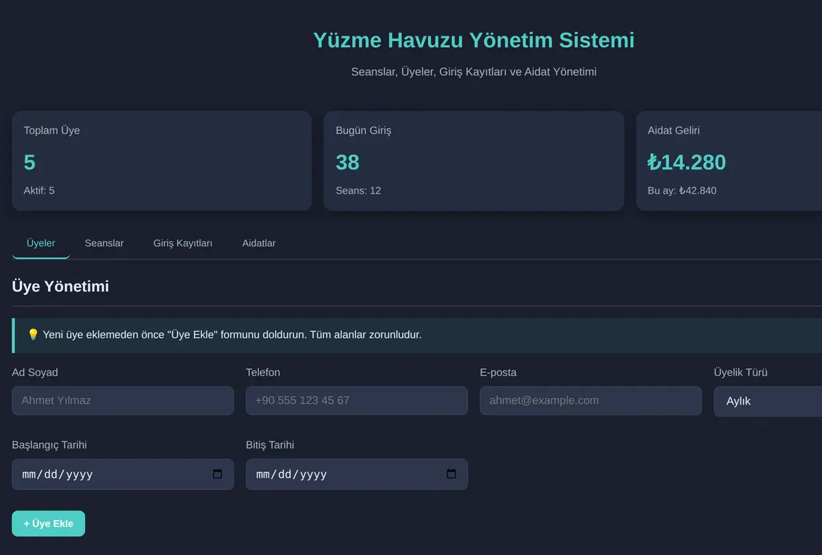 Yüzme Havuzu Yönetim Sistemi ekran görüntüsü