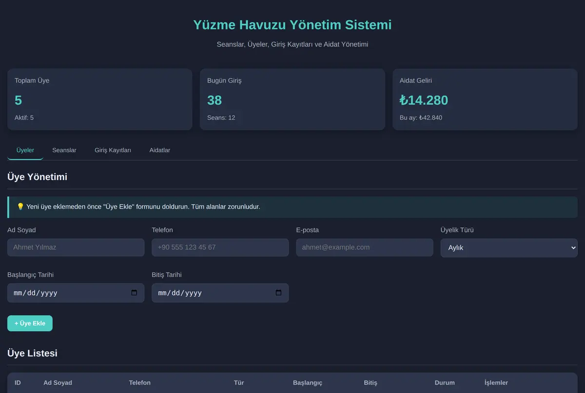 Yüzme Havuzu Yönetim Sistemi ekran görüntüsü 2