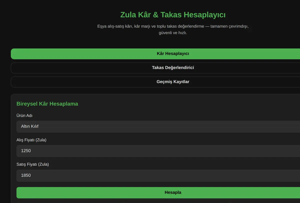 Zula Kâr & Takas Hesaplayıcı ekran görüntüsü