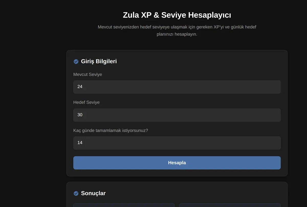 Zula XP & Seviye Hesaplayıcı ekran görüntüsü