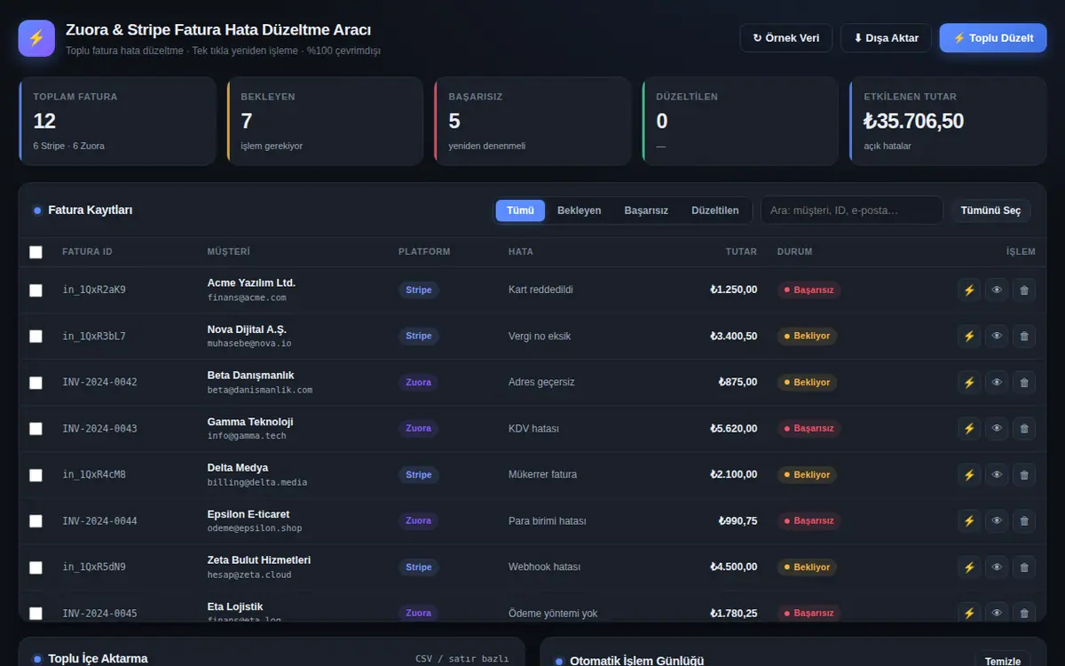 Zuora/Stripe Fatura Hata Düzeltme Aracı ekran görüntüsü